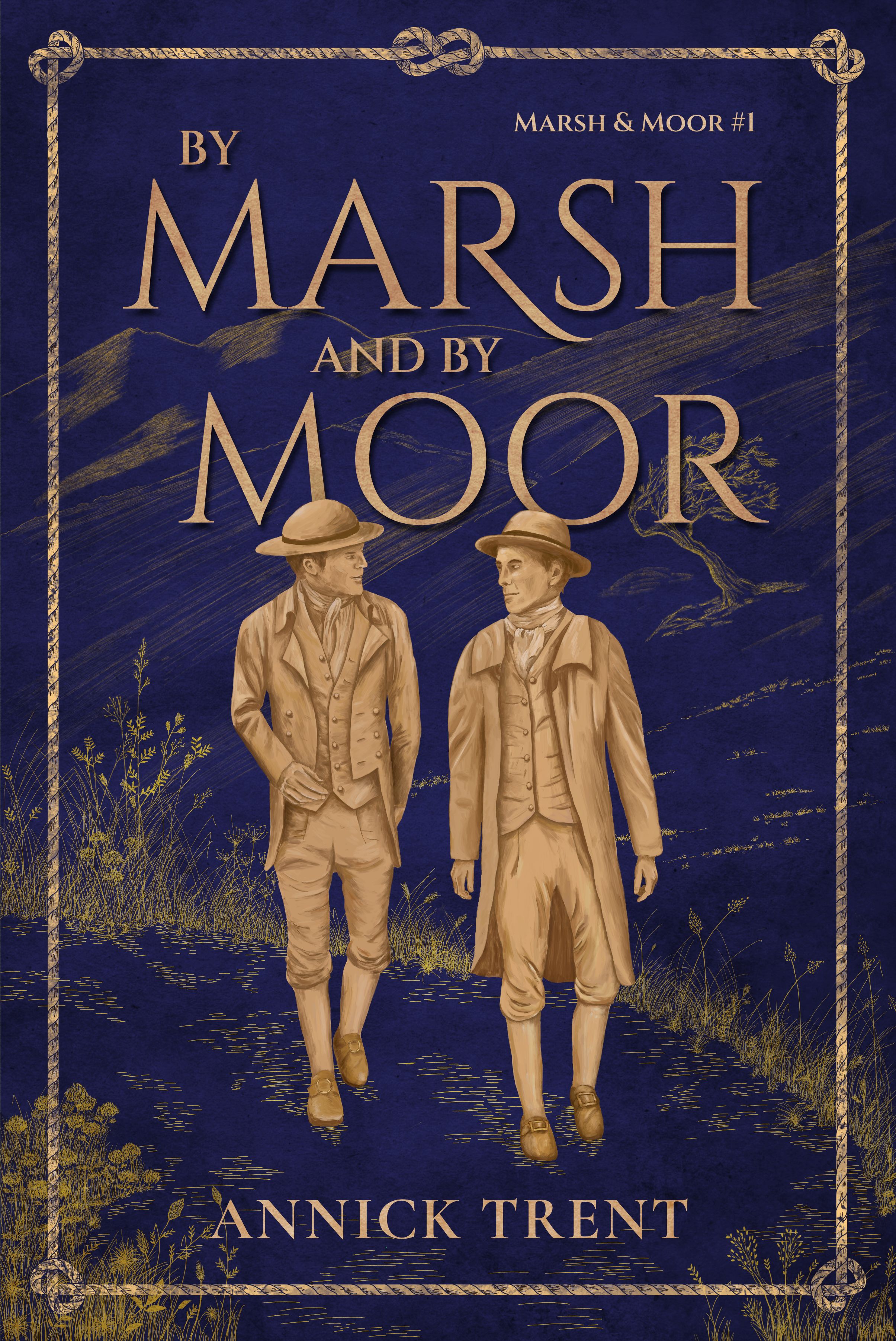 book cover of By Marsh and by Moor; two men in 18th-century dress