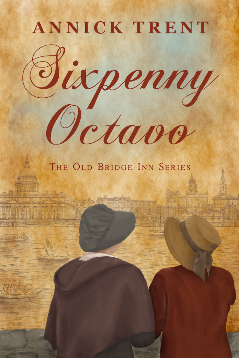 book cover of Sixpenny Octavo; back view of two women in late 18th century dress