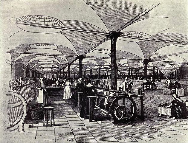 interior of a flax mill circa 1800